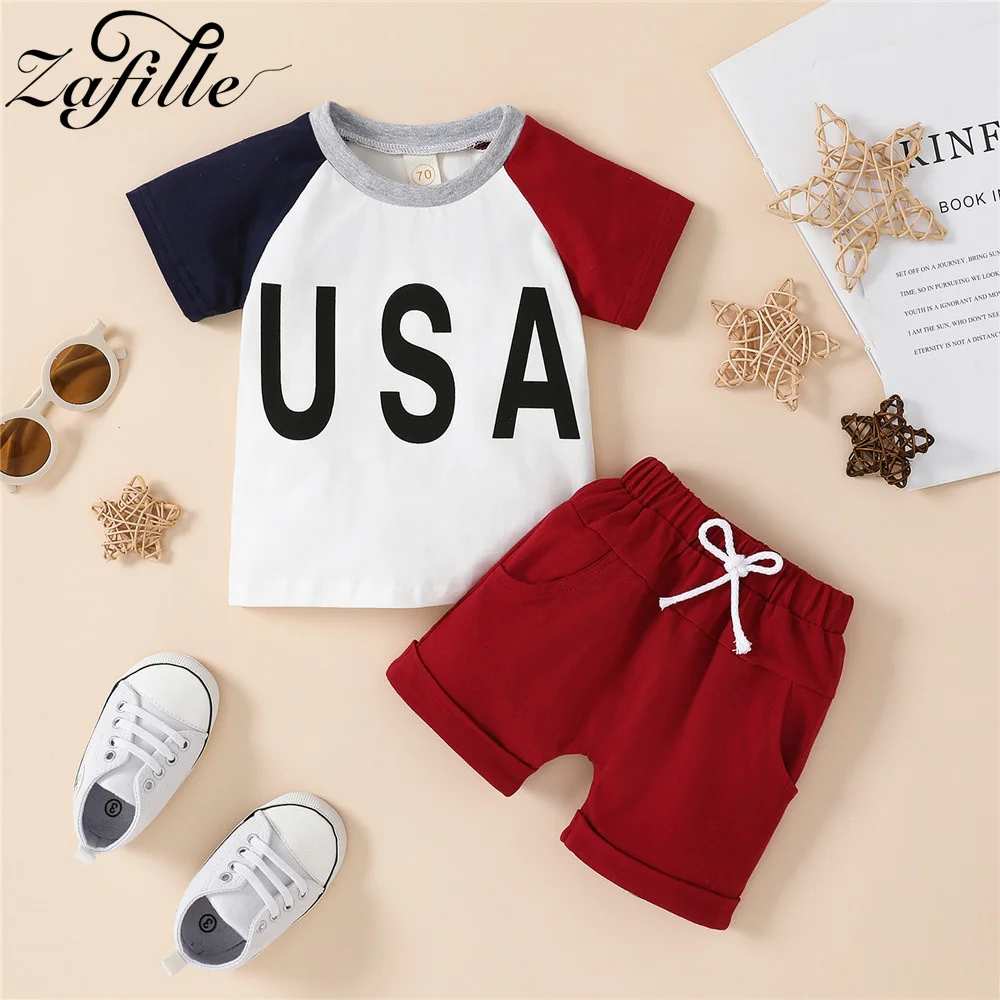 

ZAFILLE Summer Boy Clothes Set 4th For July Costume For Babies Patchwork Letter Top+Solid Pants 0-4Y Children Clothing Boy Suits
