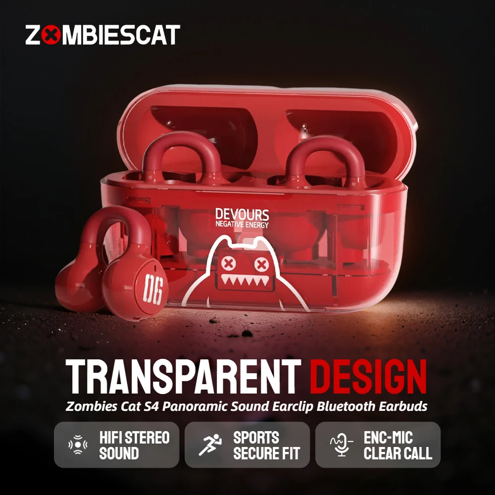 Écouteurs Bluetooth Clip Oreille ZOMBIES CAT - Réduction De Bruit ENC, Léger - M100