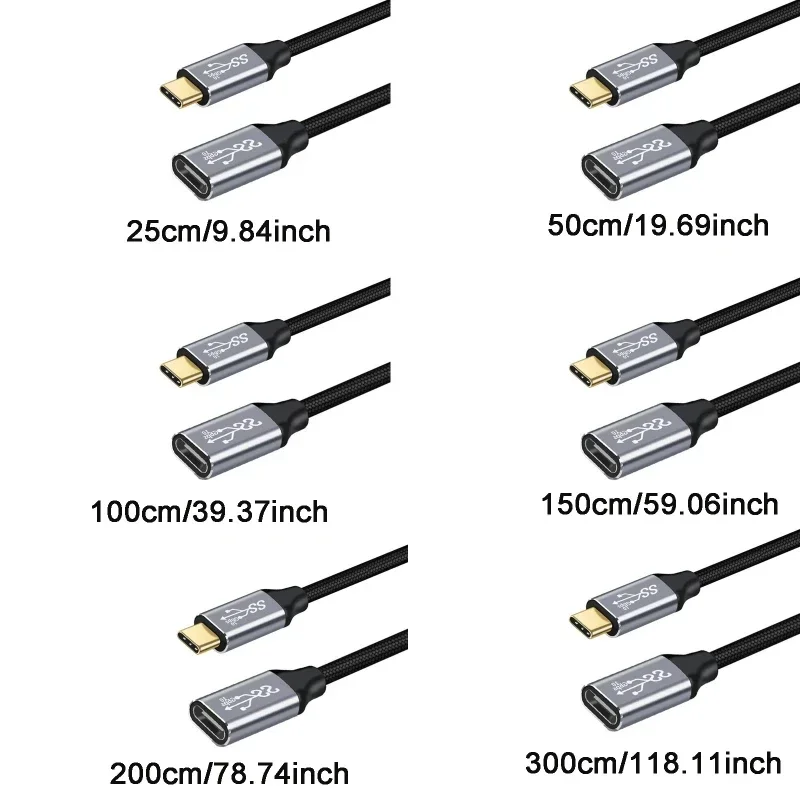 Gen2 Type-C 3.1 남성-여성 연장 케이블 5A 100W USB C 연장 데이터 라인 25/50/100/150/200/300cm