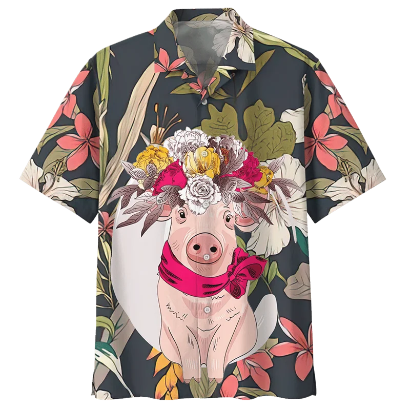 Cartoon Pig Pattern Hawaiian Shirt For Men 3D Printed Animals Short Sleeves Summer Lapel Oversized Shirts Street Button Blouses 2