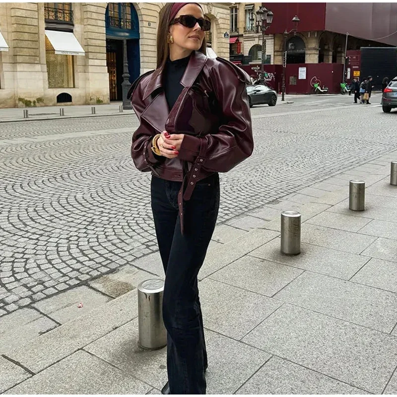 Casual Leather Short Leather Jacket With Belt Lapel Long Sleeved Cropped Coat New Fashion Lady Street Party New Outwears _