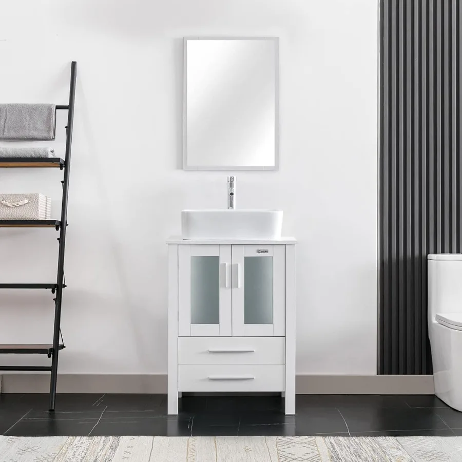 24" Modern Bathroom Vanities Sink Combo White Stand Cabinet with White Rectangle Ceramic Vessel Sink & Water Save Faucet 2