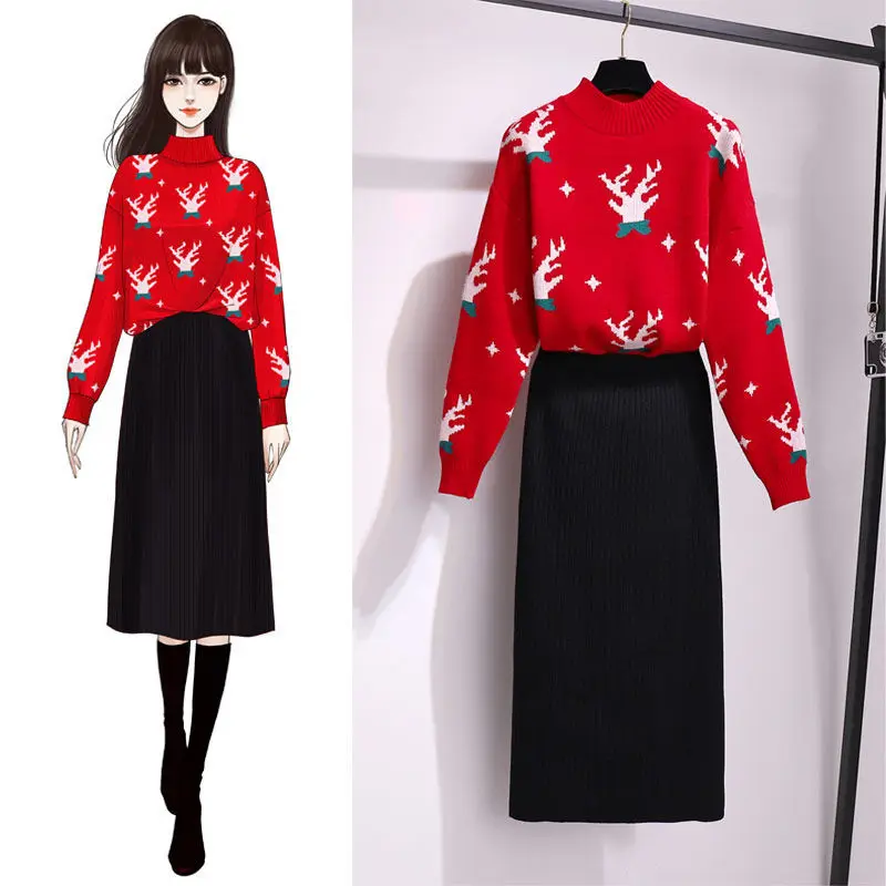 Autumn/Winter Fashion Suit Women's 2023 New Lazy Style Round Neck Red Pullover Sweater High Waist Half Skirt Two Piece Set new unisex buckle free waist belt for jeans pants no buckle stretch elastic waist women belt men lazy belt dropshipping