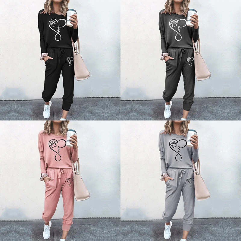 2023 Women's Fashion Set Printed Round Neck Two Piece Jogging Set Casual Pullover Hoodie Pants Sports Jogging Set new women s fashion sports set printed hoodie set classic printed long sleeve hoodie pants set two piece hooded sportswear