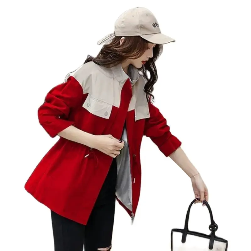 

Women Color Matching Windbreaker Spring Autumn Korean Loose Mid Long Overcoat Female Trench Coat Women Clothing Gabardina Mujer
