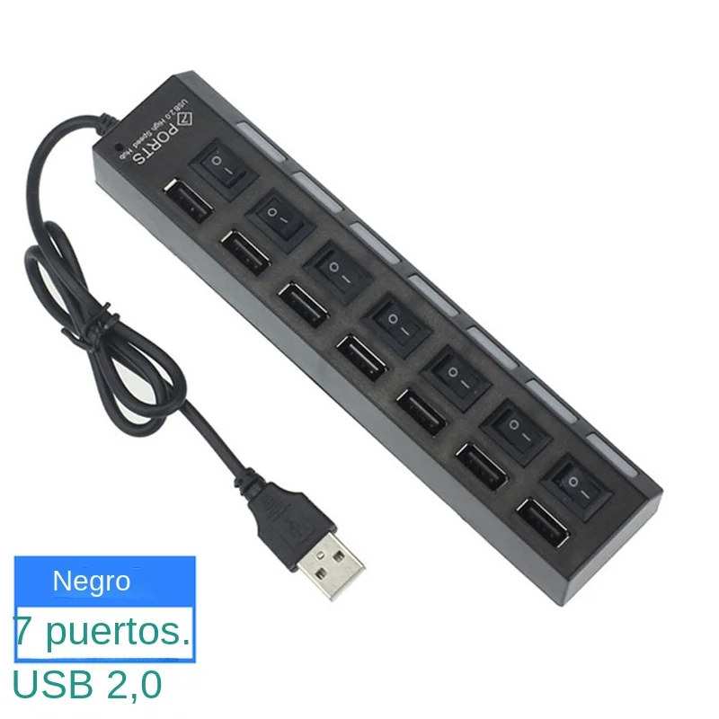 USB 2.0 Hub USB Hub 2.0 Multi USB Splitter Hub Use Power Adapter 7 Port Multiple Expander 2.0 USB Hub with ON/OFF Switch, for PC
