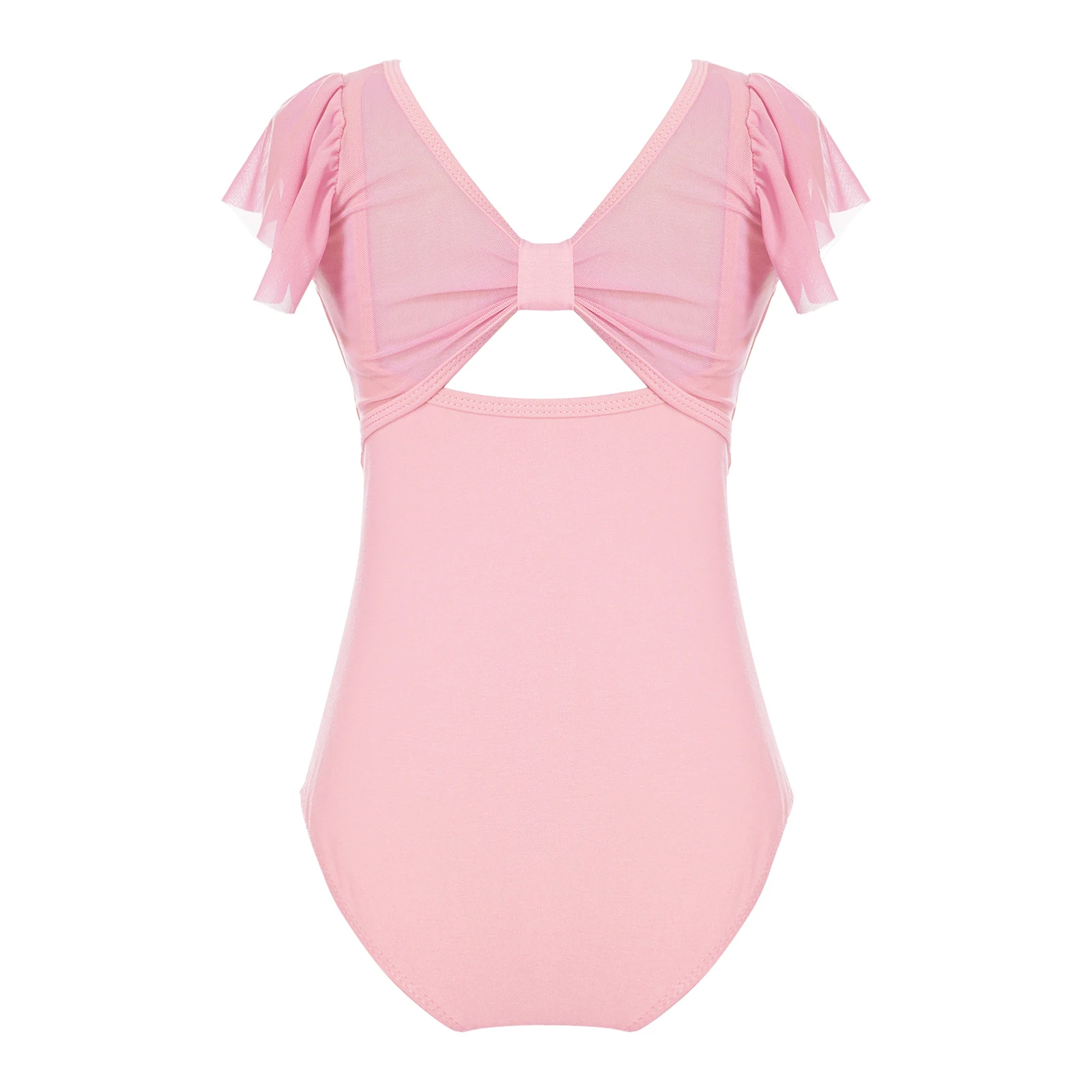 

Kids Girls Soild Color Dance Leotard Mesh Bodice Hollow Back Buttons One-Piece Bodysuit Training Gym Dancewear Stage Performance