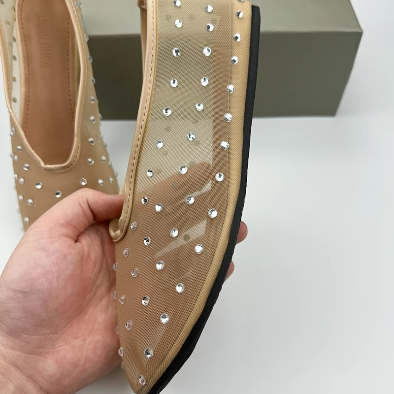 Crystal Studded Women Ballet Flats Mesh Dance Flat Shoes Casual Driving Walking Loafers Espadrilles Ladies Slip-on Lazy Shoes
