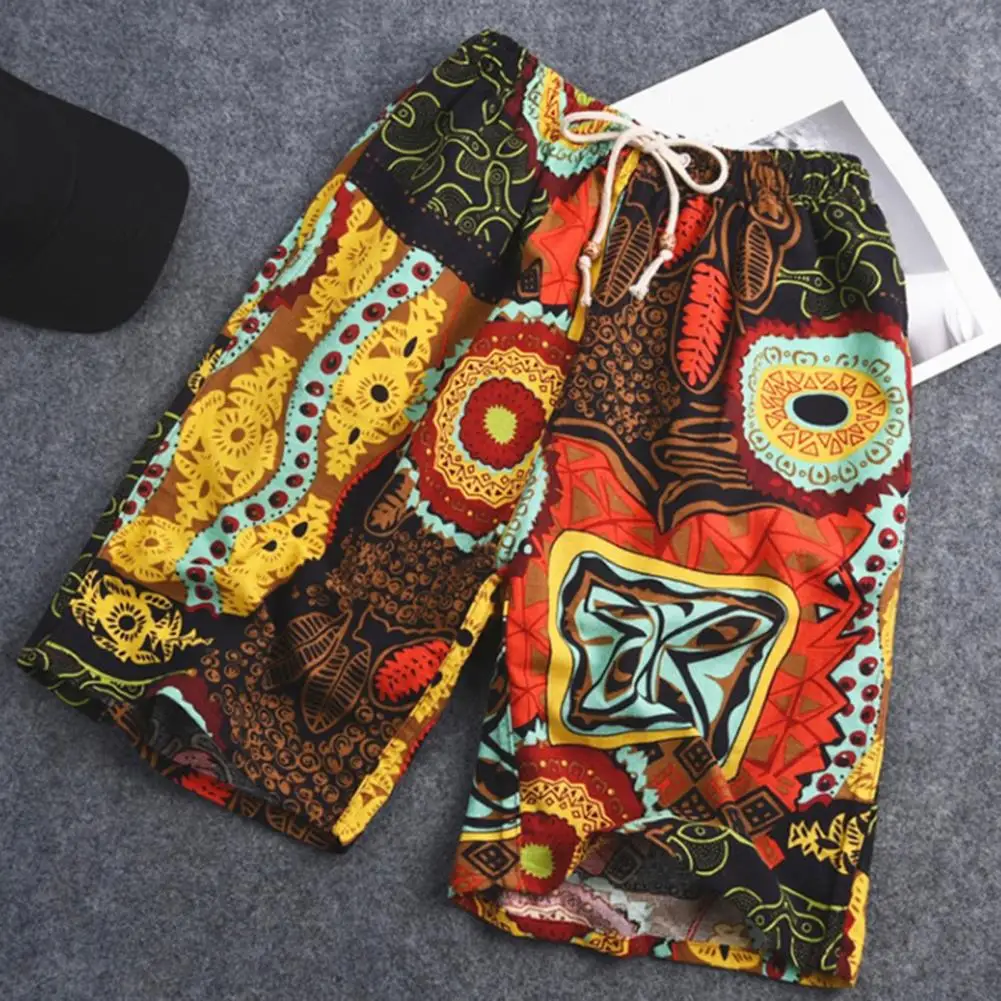

Men Shorts Comfy Short Pants Thin Drawstring Unique Retro Print Men Beach Shorts