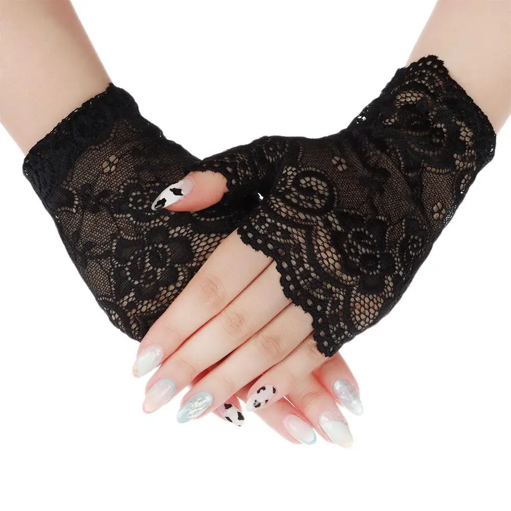 Women Short Lace Hollow-Out Fingerless Gloves Sun Protection
