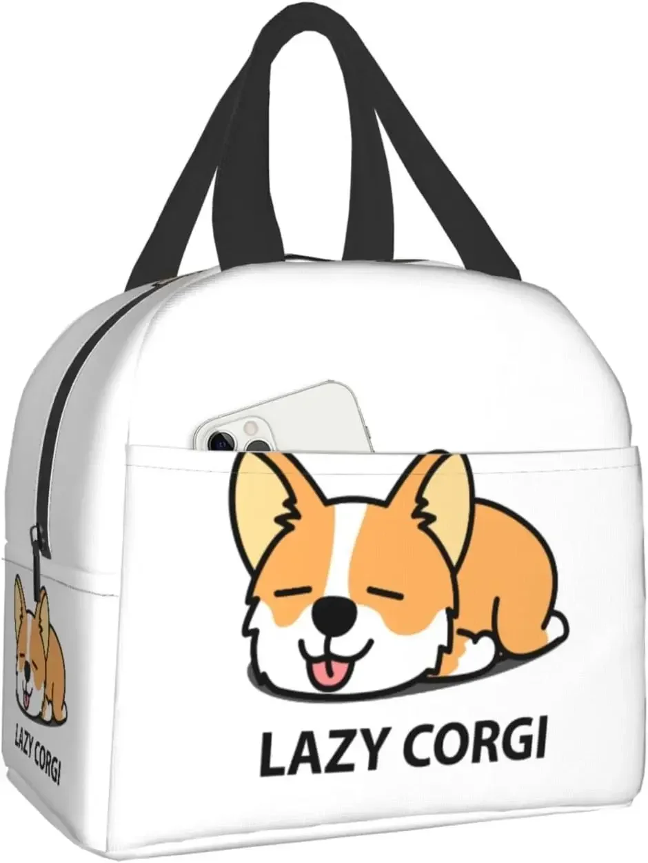 Lazy Welsh Corgi Puppy Lunch Box Insulated Bento Box Reusable Waterproof Lunch Bag with Front Pocket For School Office Picnic
