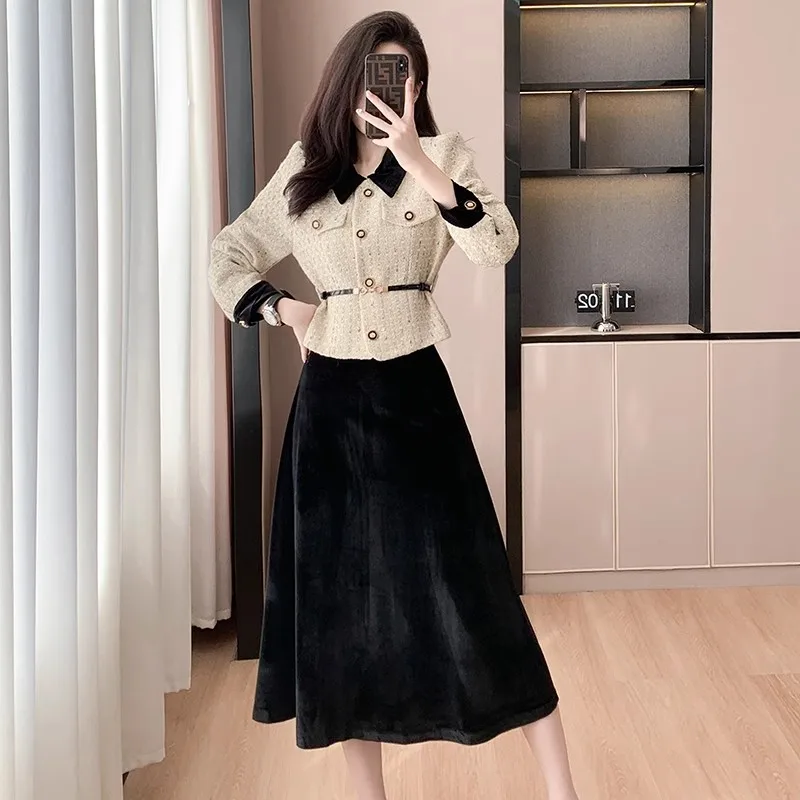 

Small Fragrance Wind Set For Women 2023 Autumn And Winter New Single Breasted Ladies Tweed Short Coat Velvet Skirt Two-piece Set