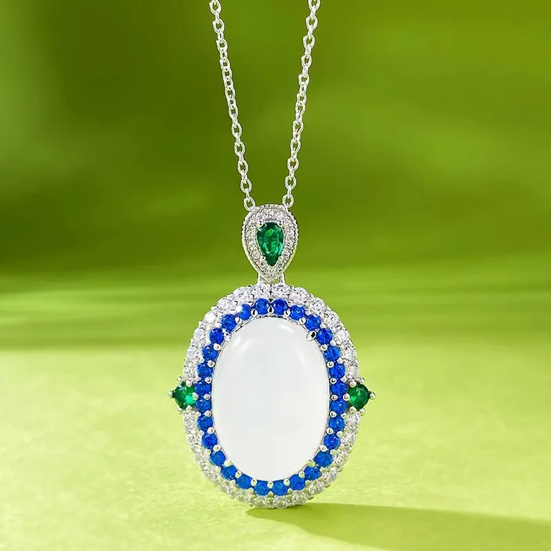 

S925 Silver Inlaid Chalcedony High Ice Egg Face Jade Pendant Necklace with Artificial Sapphire Pendant for Women