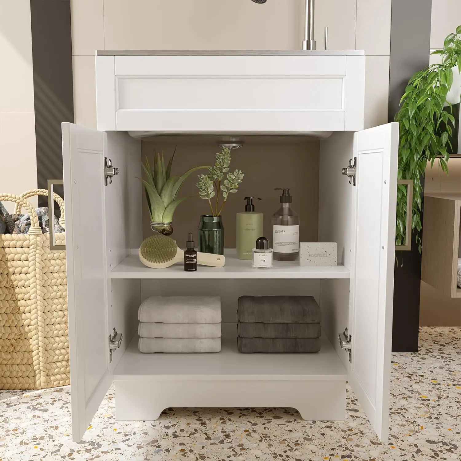 Laundry Sink Cabinet with Stainless Steel Sink and Pull-Down Faucet, 24 Inch Large Utility Sink Cabinet for Laundry/Utility Room