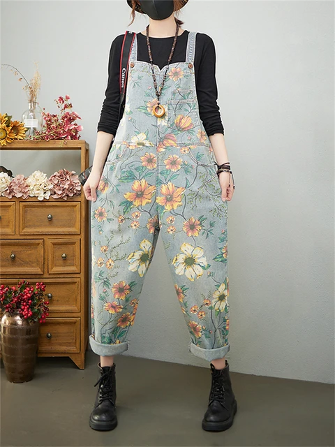 Spring Fall Fashion Women's Floral Print Vintage Denim Pants Female Empire  Waist Loose Casual Suspender Baggy Streetwear Overall - AliExpress