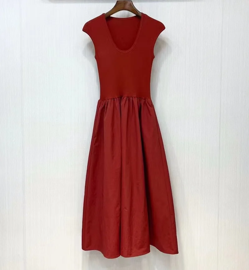 

One Piece Dress 2023 Autumn Fashion Dress High Quality Women Knitted Patchwork Mid-Calf Length Casual Red Brown Dress Clothing