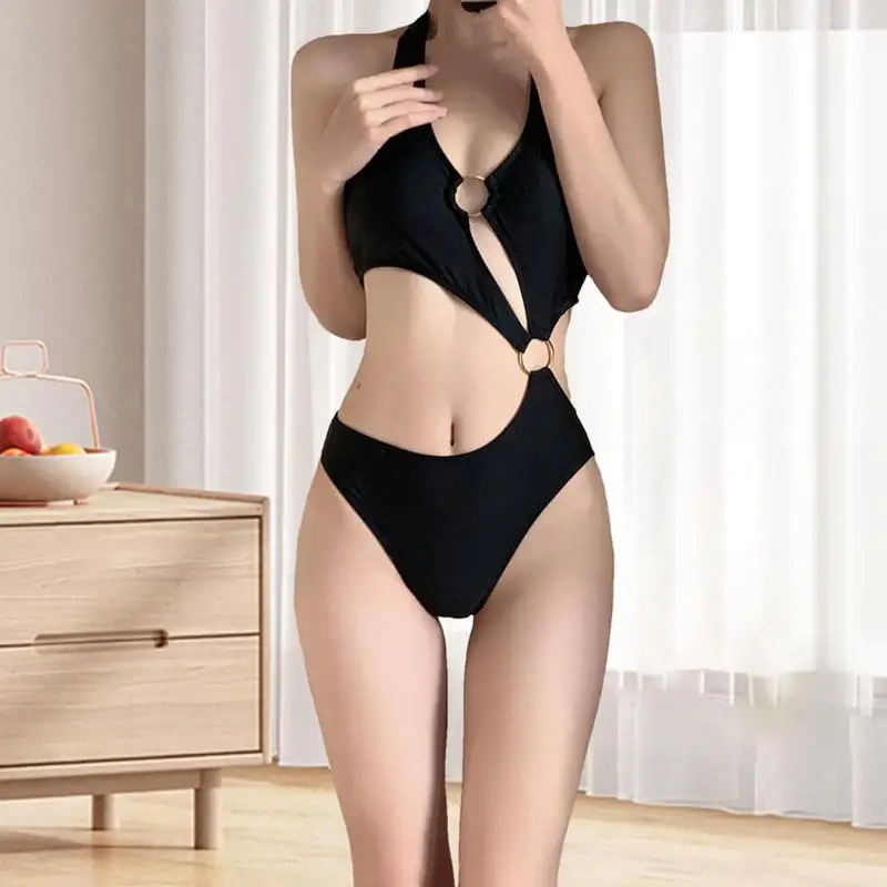 Bikinis de cintura alta para mujer, trajes de baño de Color sólido, bañador Sexy con cuello en V, traje de baño triangular de Color sólido