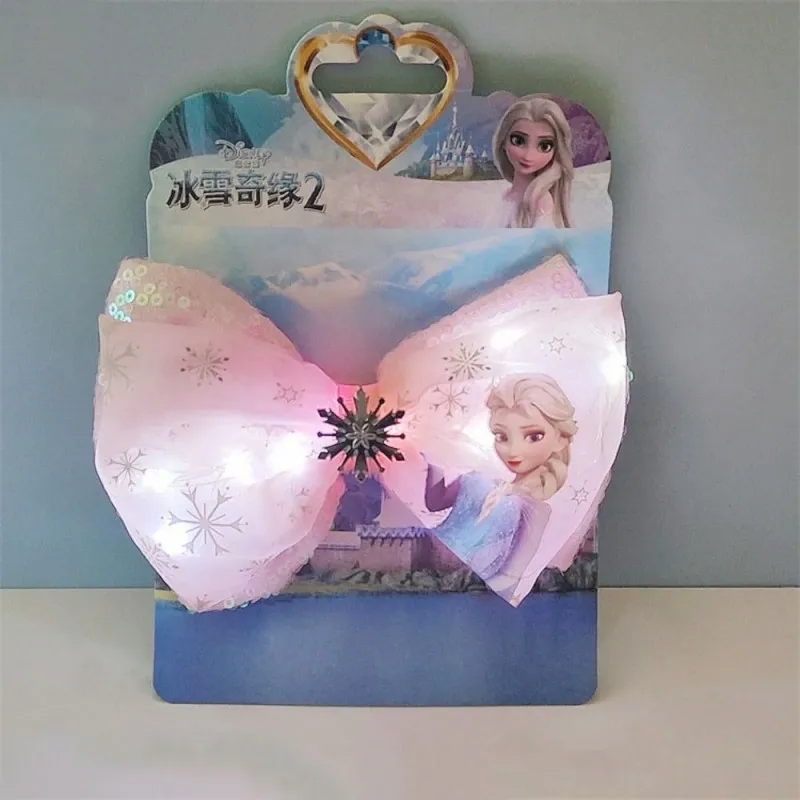 Disney Frozen Flash Hairclip Girls Anime Hair Accessories Elsa Bow Luminous Hairpin Children Birthday Christmas Gift hair accessories