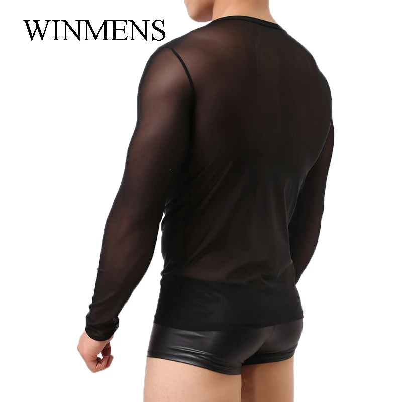 Stretch Undershirts Transparent Mesh Ultra Thin Men's Long Sleeve Shirts O-neck See Through Gay Sexy Underwear Spandex Indoor