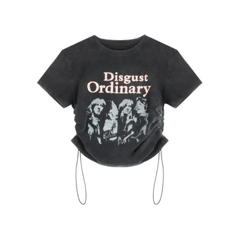 

Women Summer Fashion Retro Printing O-Neck Couple Short Sleeve T-shirt Drawstring Crop Top Girls Tees