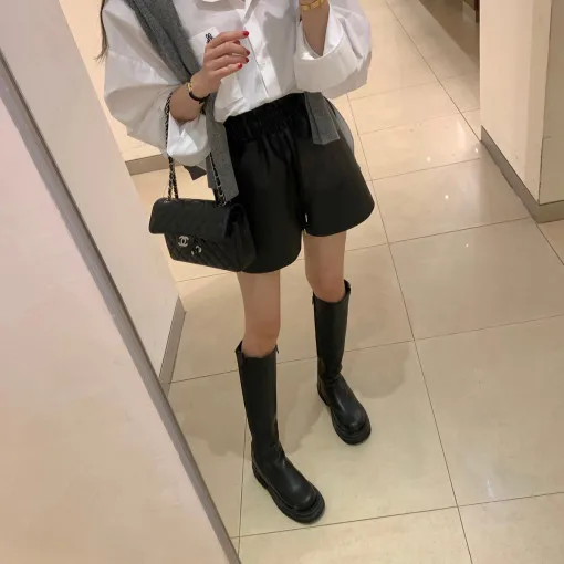 

South Korea casual pu lederhosen women fashion high waist straight tube thin a word wide leg five points leather pants