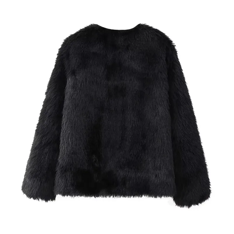 TRAF Furry Faux 모피 코트 여성용 럭셔리 블랙 푹신한 재킷, 여성용 가디건, 긴팔 겨울 재킷, 우아한 코트