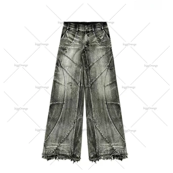 Y2k Streetwear Punk Hip Hop Jeans West Coast Workwear Ripped Rap Style Loose Wash Plus Size Clothing Men Mopping Pants 1