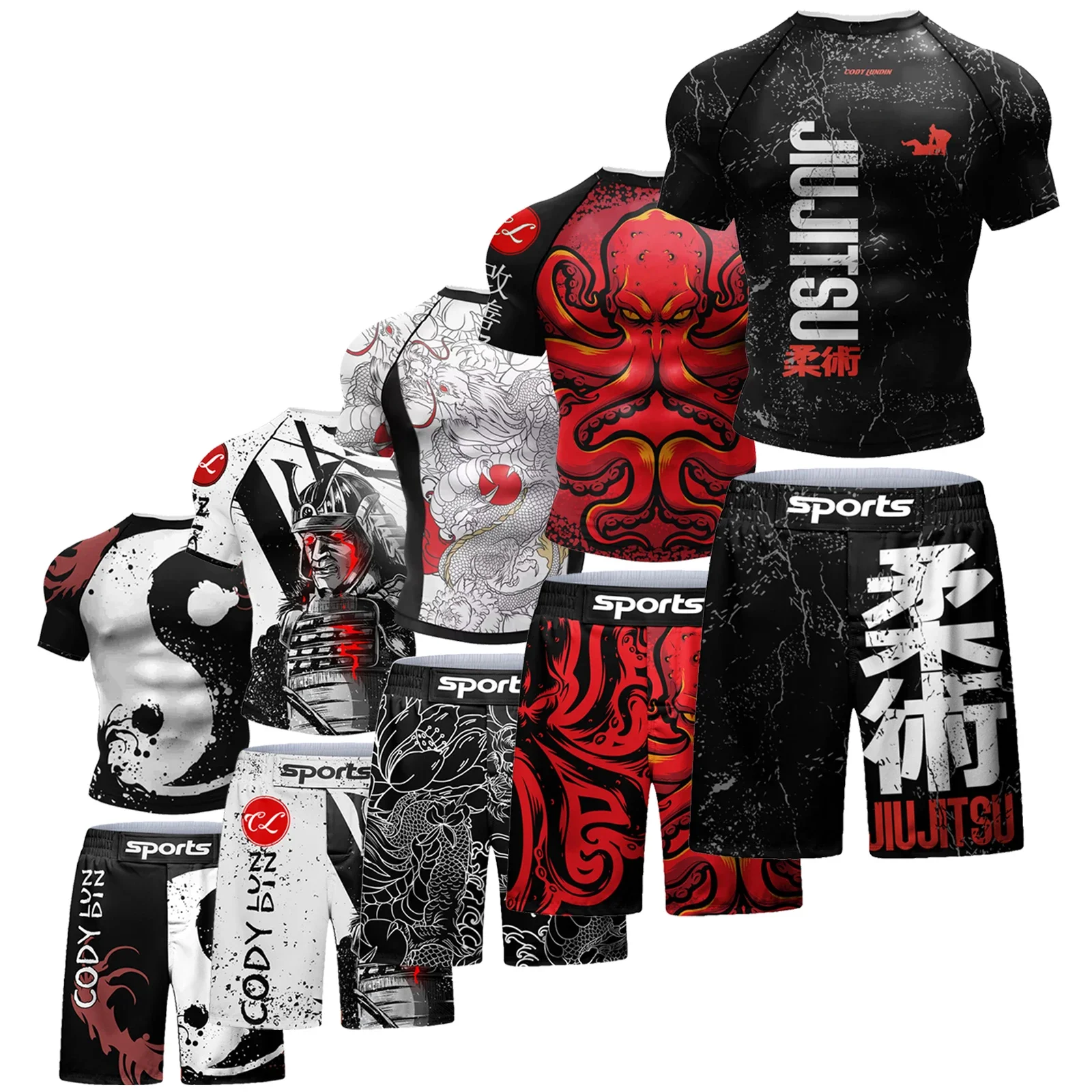 Two Sets of Sportswear, Bjj Jiu Jitsu Gi Rashguard + MMA Shorts, Muay Thai Pants, Cool Boxing Suit, Running Suit, Fitness Suit 1