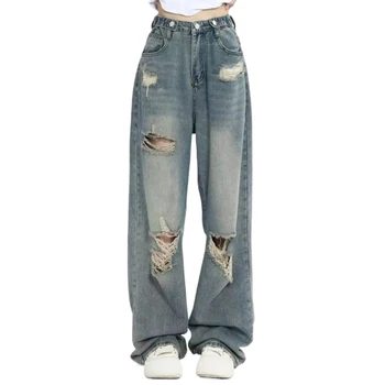 Jeans americani retrò traforati da donna a vita alta con cavallo dritto design sottile allentato High-street Vibe pantaloni trascinanti a gamba larga 1