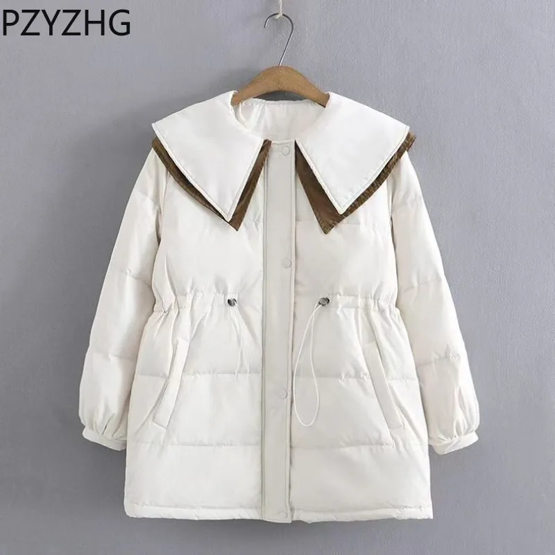 

2023 New Women Down Cotton Coat Winter Jacket Female Warm Warm Parkas Loose Mid Length Version Outwear Navy Collar Overcoat