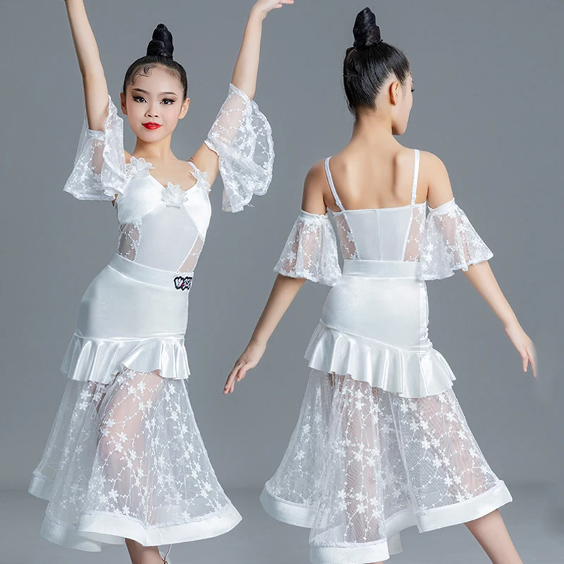 

White Ballroom Dance Competition Dress Girls Modern Dance Dress Skirt Kids Stage Tango Chacha Samba Latin Dance Clothing SL8582