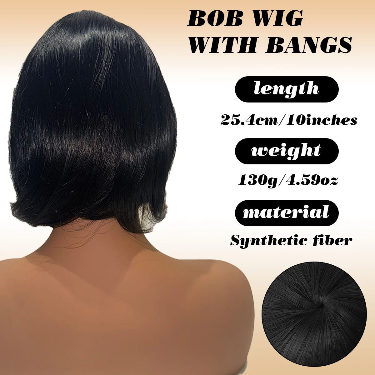 Synthetic chic 10-inch bob wig with bangs, natural black and brown mixed with easy style daily affordable wig