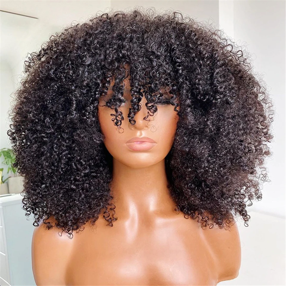 Parrucche di capelli umani afro ricci e crespi in stile mongolo con frangia, realizzate a macchina senza colla, taglio corto 4B 4C, stile bob o pixie cut. - immagine 3