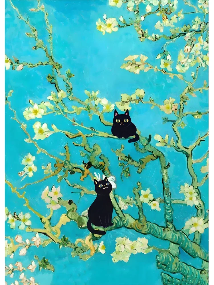 Starry Night Cat-Inspired Canvas Print: Humorous Wall Art Decor
