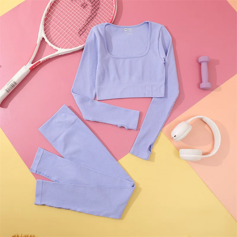 Description Picture 4 of itemWomen Seamless Yoga Shirts Long Sleeve Fitness Running Gym Clothes Workout Outfits High Waist Leggings Sports High Elastic Crop