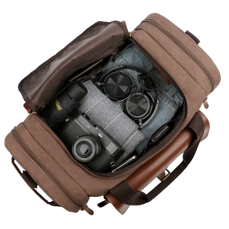 Men Large Capacity Weekend Bag Canvas Multifunction Leather Bags Carry on Luggage Bag Tote Utility Travel