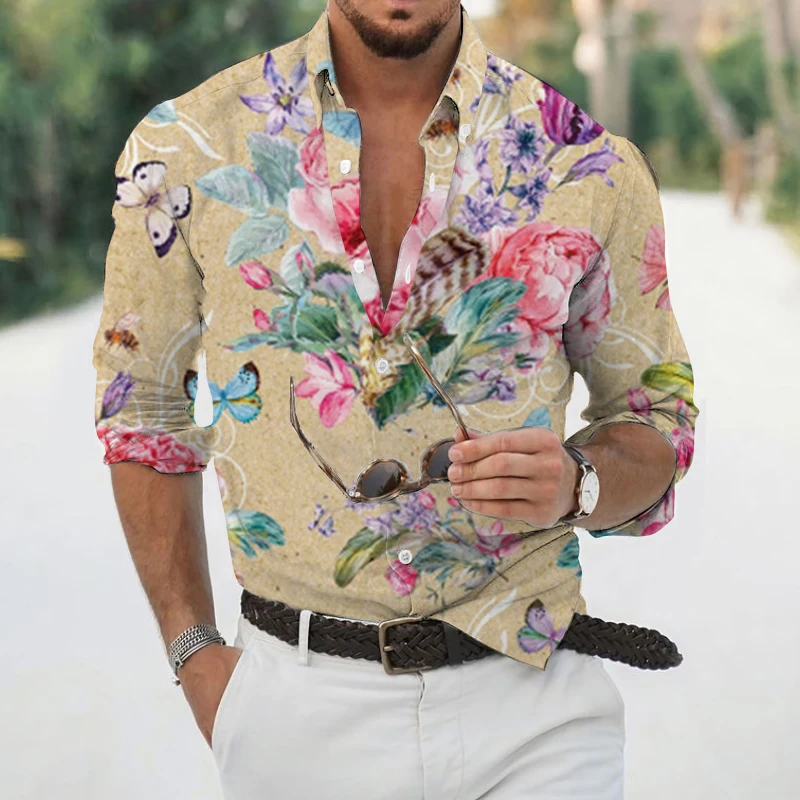 

Casual Men Slim Fit Print Party Club Shirt 3D Floral Printed Shirt 2022 Spring and Autumn Men Fashion Trend Long Sleeve Shirt