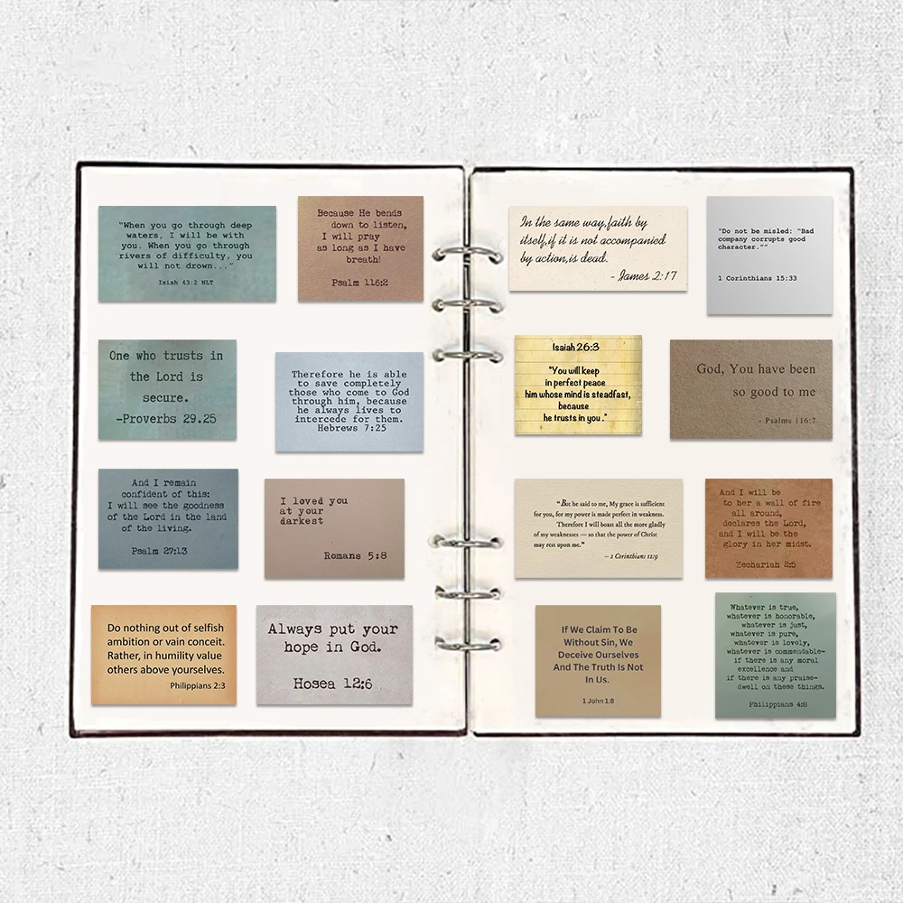 Assorted Bible verse stickers in a binder, ideal gifts with Bible verses for memorization and inspiration.