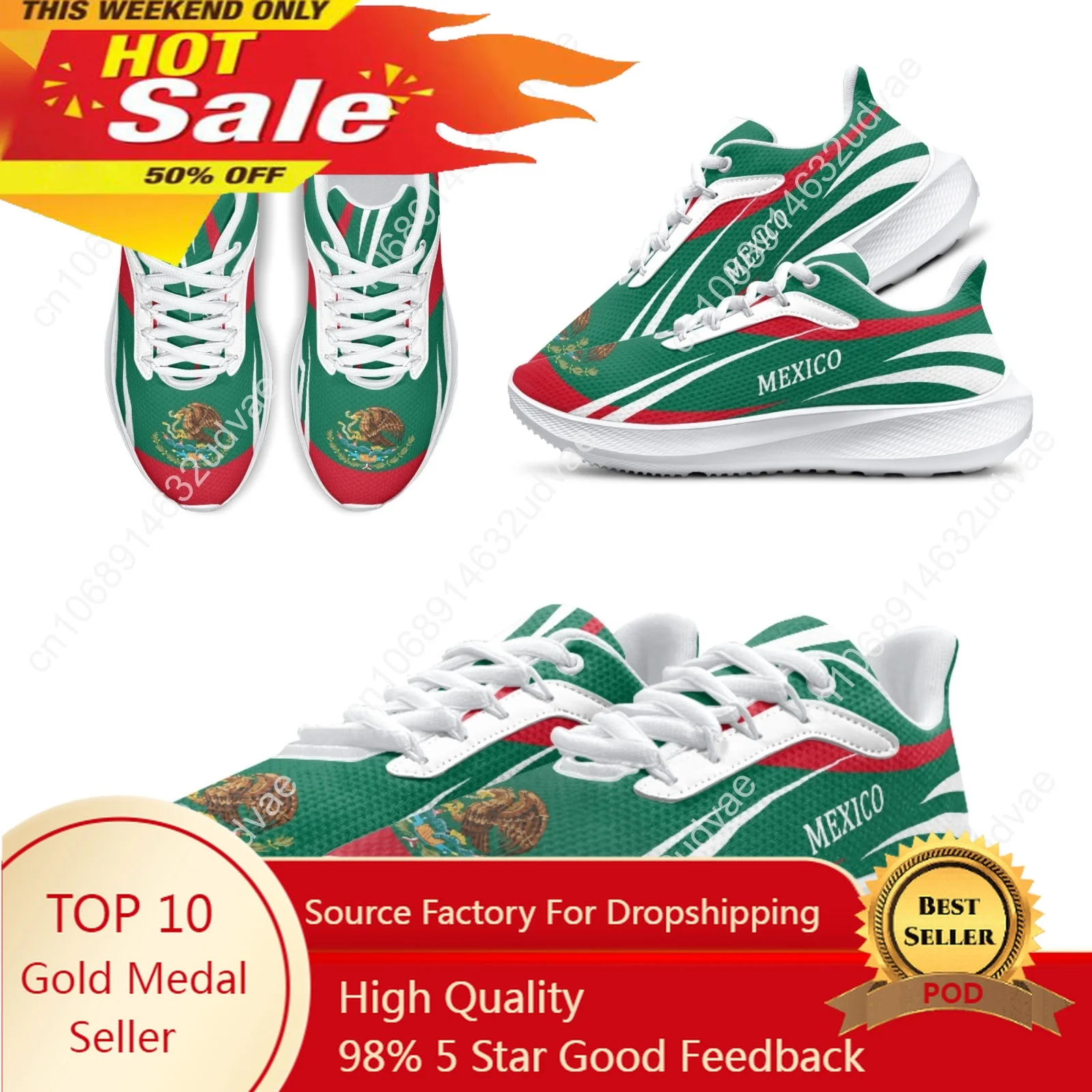 New Green Sneakers Women's Mexico Flag Lightweight Outdoor Sneakers Lace-up Casual Shoes Zapatos Mujer Planos