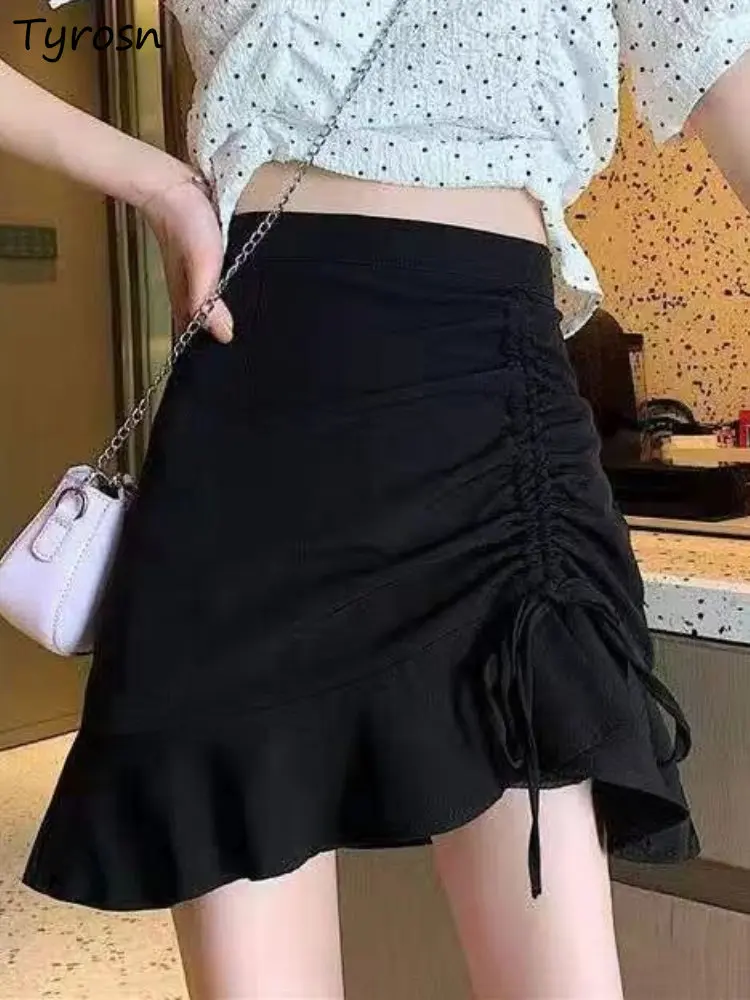 

Skirts Women Fashion Mini Simple Solid Summer Shirring Design Elegant Sweet Casual High Waist All-match New Korean Style Ladies