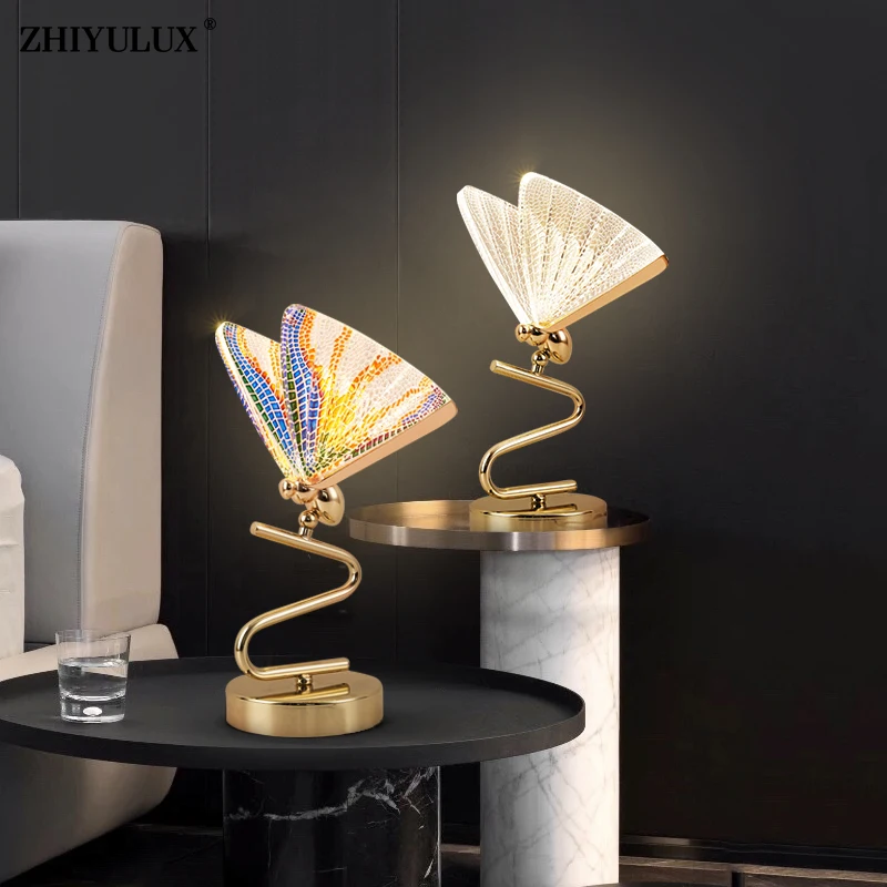 

Новые современные настольные светильники с цветными прозрачными бабочками, лампы для гостиной, столовой, кабинета, стола для чтения, спальни, зала, прикроватные ночники, освещение