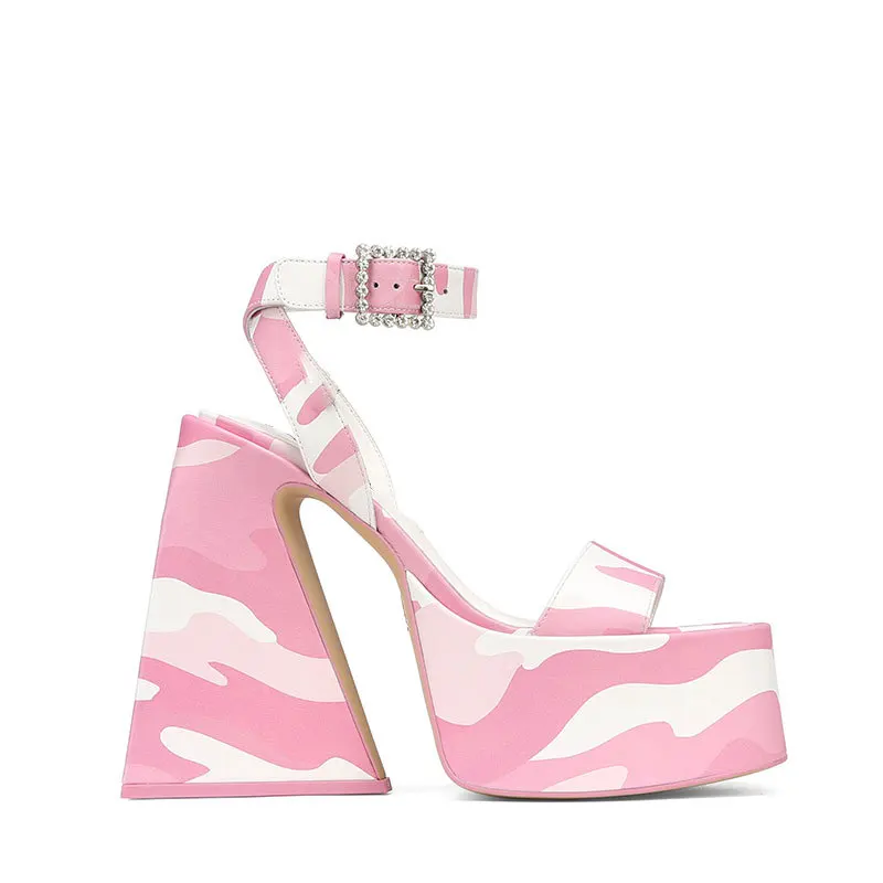 

New summer high-heeled square-toe thick water platform fashion limelight pink camouflage women's platform strappy sandals