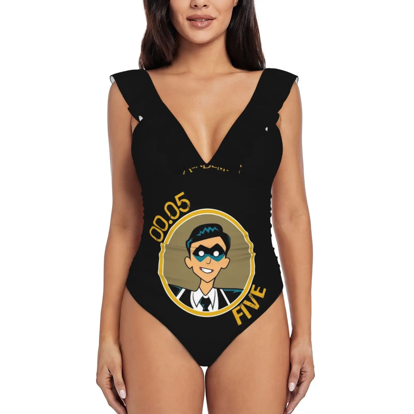 Umbrella Academy : Five Cartoon Sexy One Piece Swimsuit Women Ruffled Swimwear Women Print Monokini Female Beachwear Umbrella