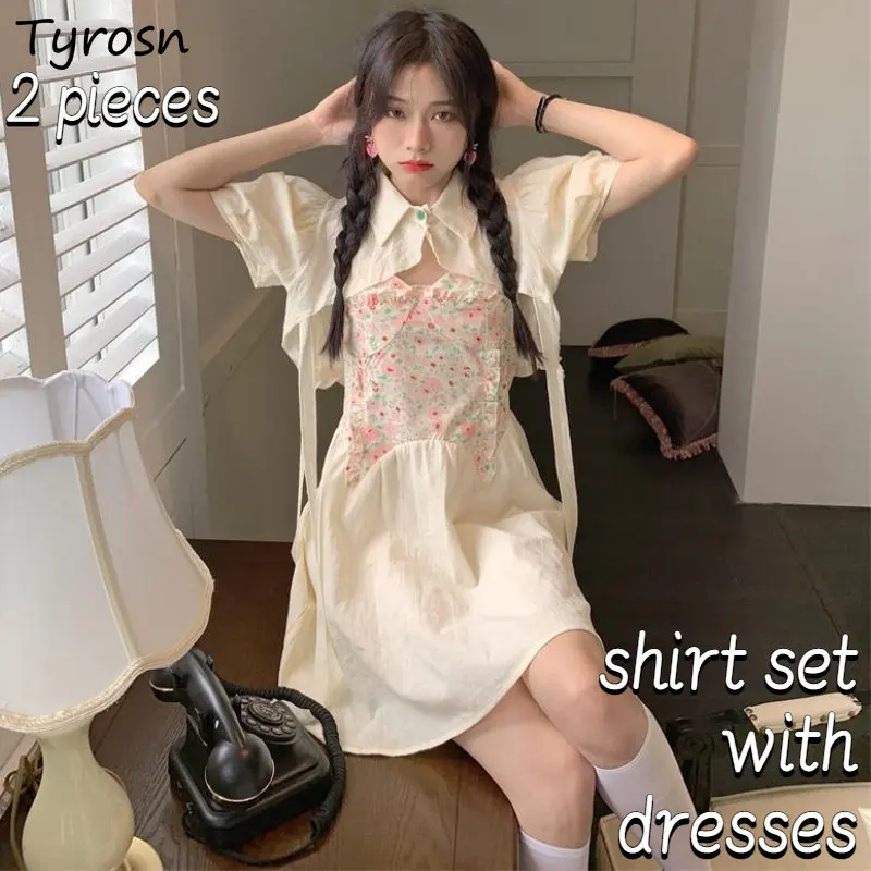 

Dresses Sets Women 2pcs Sweet Preppy Style Leisure Patchwork Shirts Cropped Ulzzang Students Empire Mini Vestidos Trendy Retro