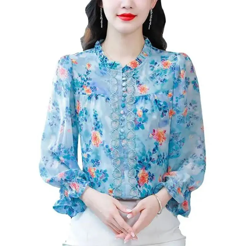 Elegant Fashion Harajuku All Match Female Clothes Loose Casual Sweat All Match Tops Women Printed Button Long Sleeve Blouse