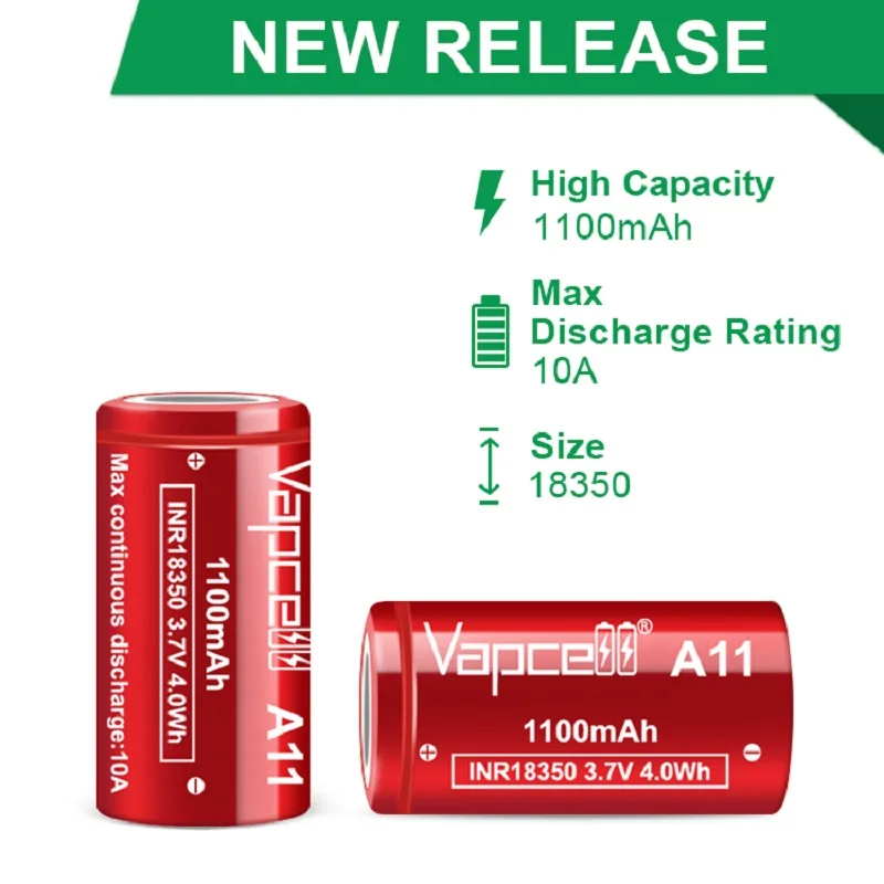 Original Vapcell 18350 A11 1100mah Max 10A Discharge Rating 3.7V INR18350 4.0wh lithium Battery for flashlight Toy Reachargeable