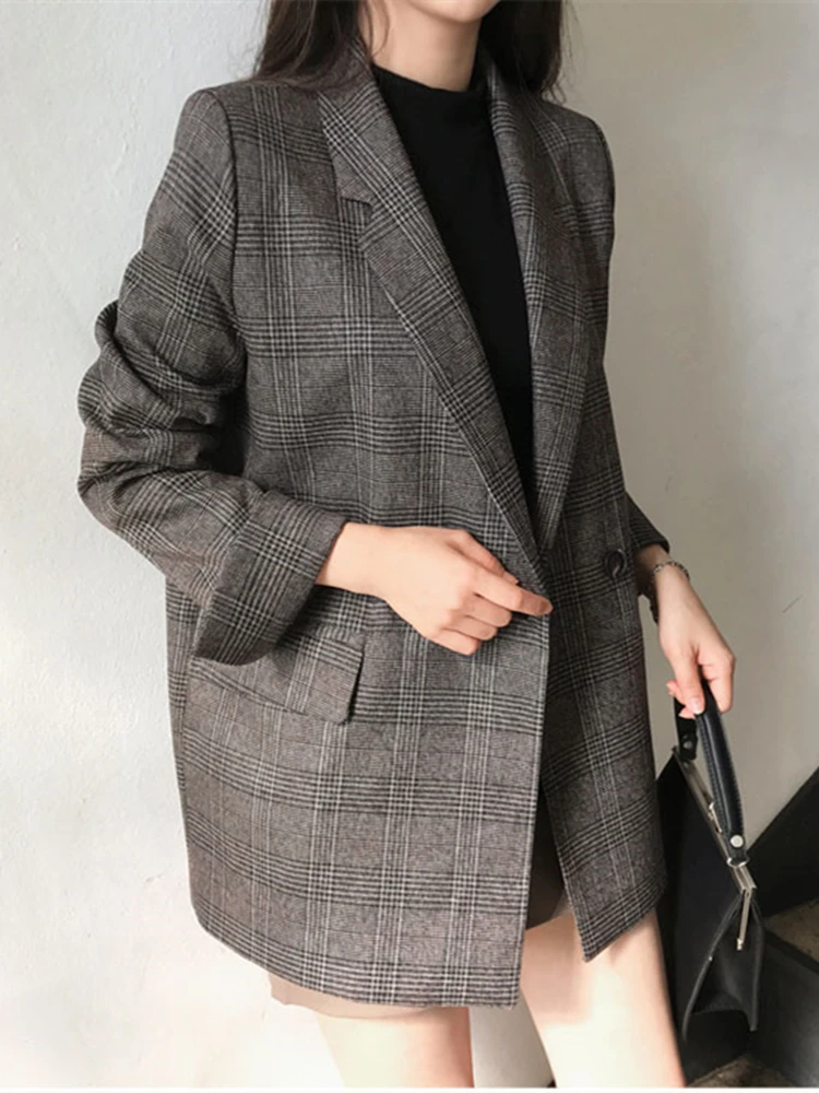 Colorfaith New 2022 Plaid Double Breasted Pockets Formal Jackets Checkered Winter Spring Women's Blazers Outerwear Tops JK7113 5