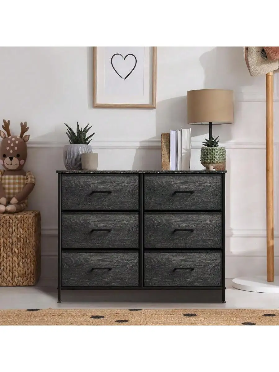 Sorbus Dresser with 6 Faux Wood Drawers - Chest Organizer Unit with Steel Frame Wood Top and Handle Easy Pull Fabric Bin 2