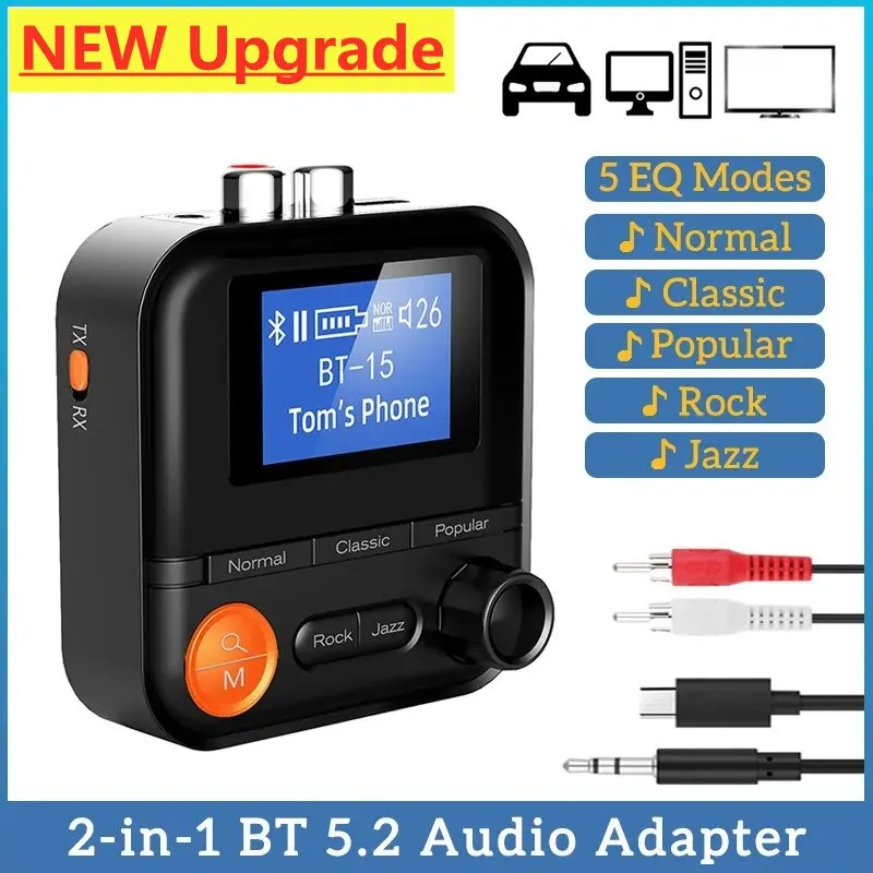 Bluetooth Transceiver Adapter 2 In 1 Bluetooth 5.2 Audio Transmitter Receiver 5 EQ Modes 3.5mm AUX RCA Jack Stereo Wireless Adapter for TV PC Car Kit Speaker
