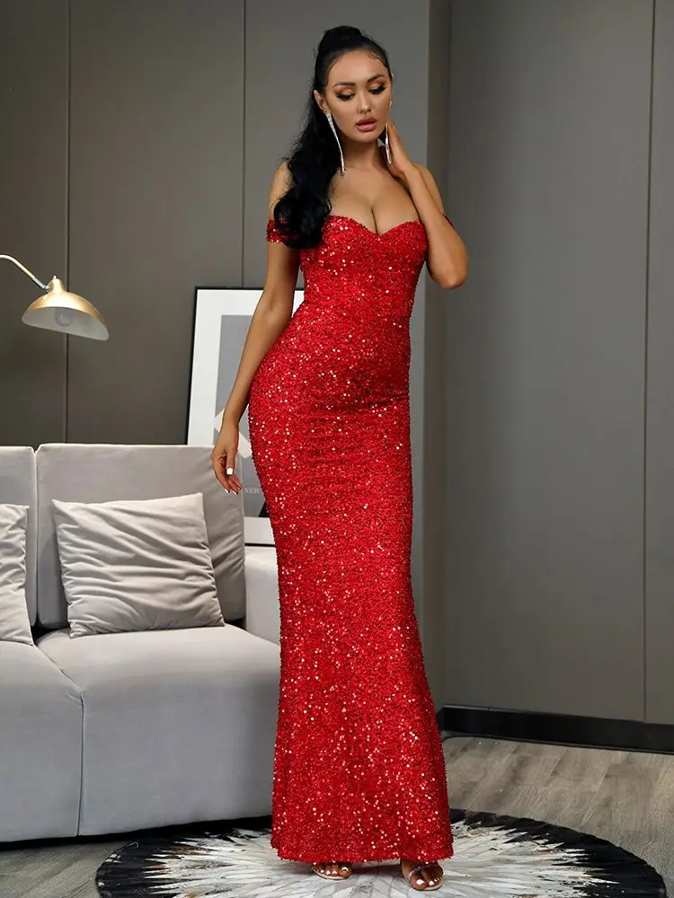Vestito lungo da partito aderente con paillettes rosso senza spalline Sexy  LOVE \u0026 LEMONADE LM81343 7|Dresses| - AliExpress